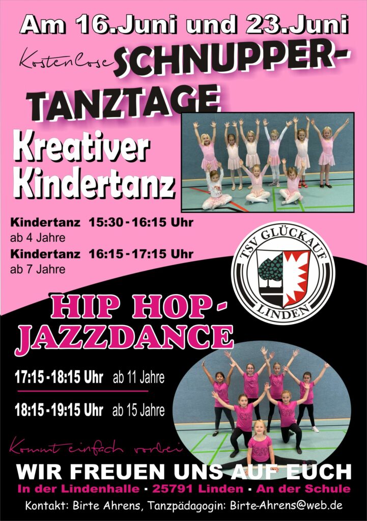 Wir laden ein zu unseren kostenlosen Schnuppertanztagen am 16. Juni und 23. Juni. Wir freuen uns auf Euch.